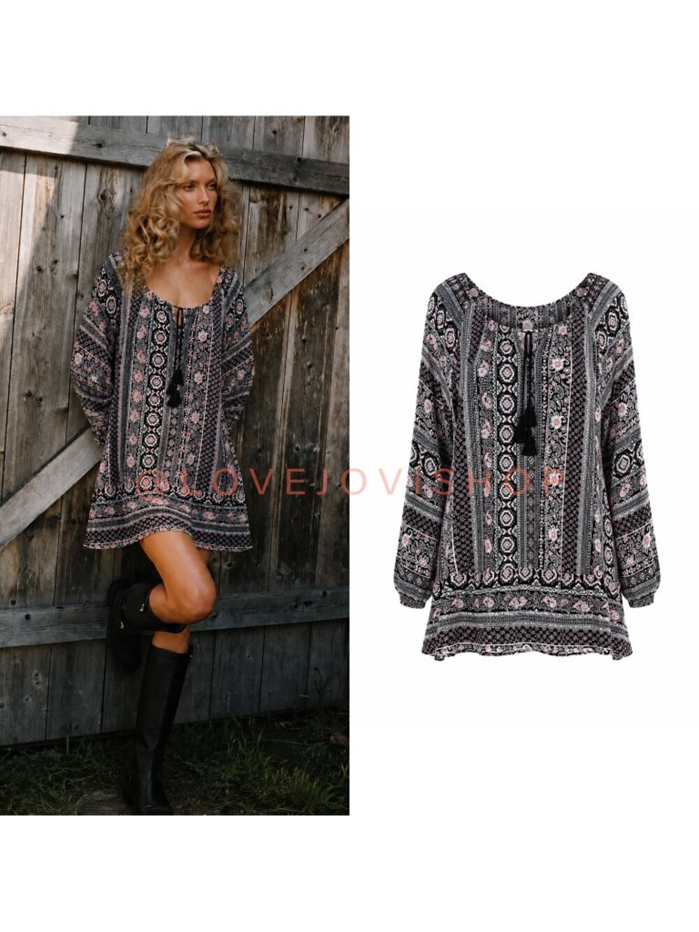 Boho Western | Band of Gypsies Floral Long Sleeve Mini Sheath | Black Tassels L